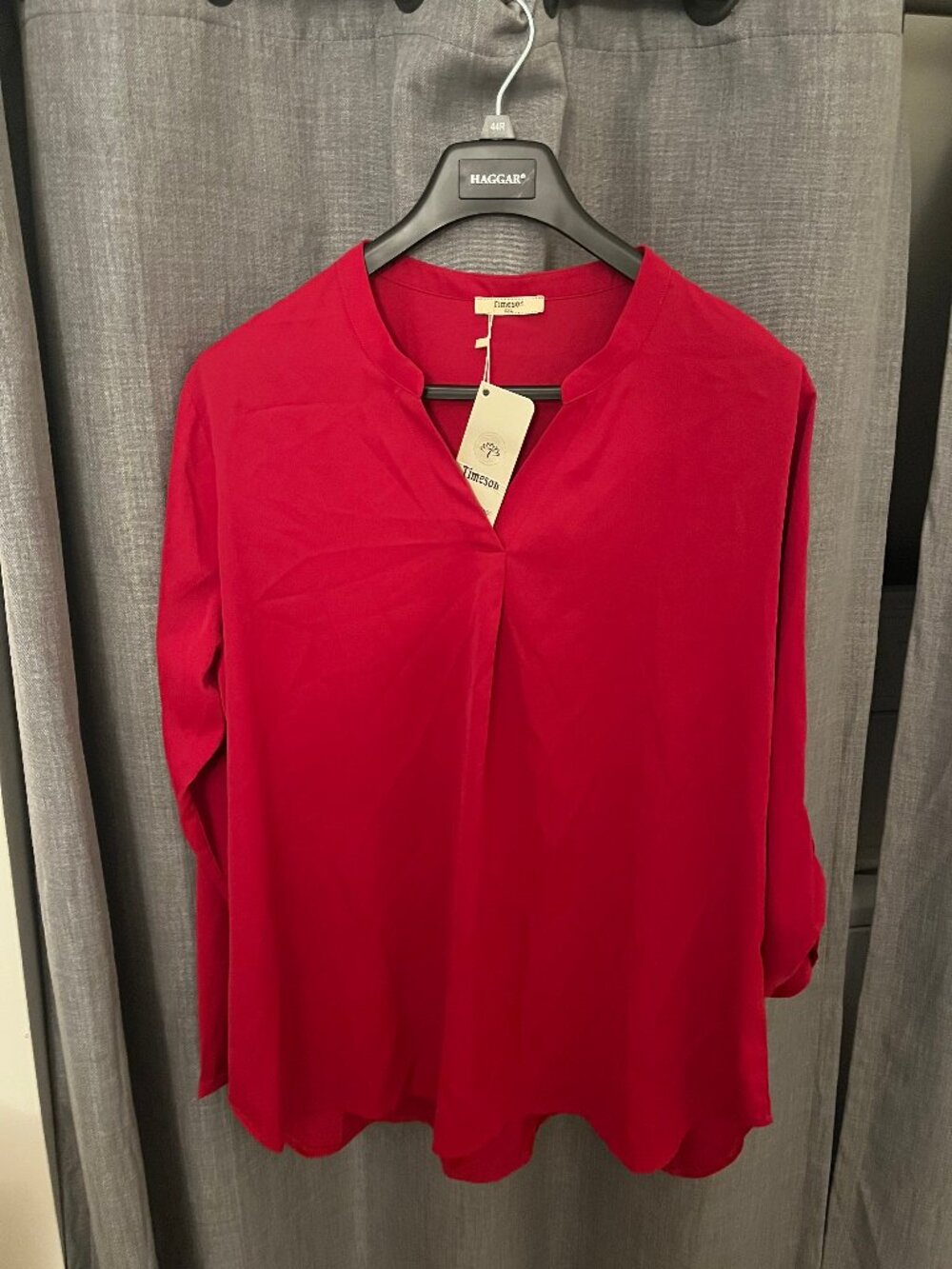 NWT Timeson XXL Wine Red Notch V-Neck Blouse Roll Tab Sleeves High Low Hem